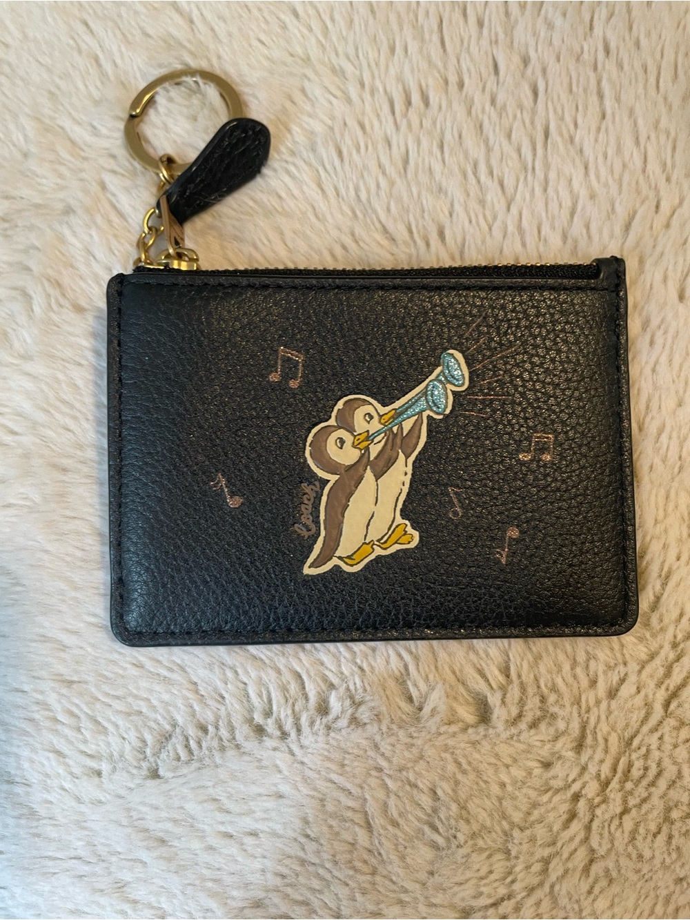 Coach Black Pebbled Leather Penguin ID Card Case Keyring - Picture 1 of 5